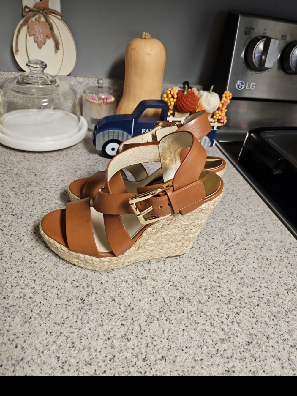 Women’s Tan Espadrille Wedge Sandals - Leather Straps